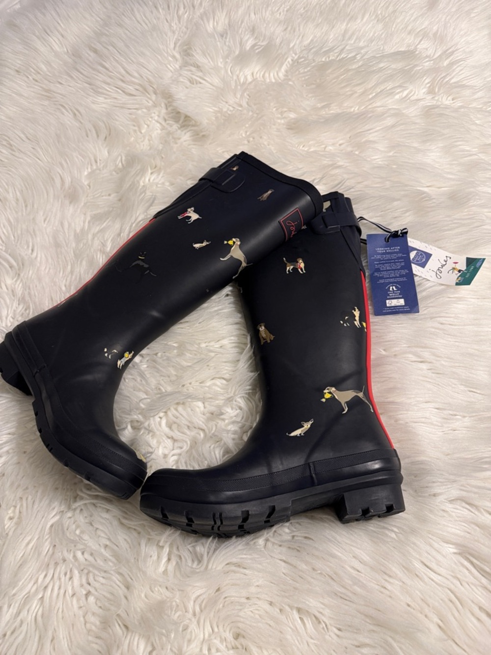 Joules Black Rain Boots with Dog Print and Red Trim size 5 brand new with tag - Picture 11 of 12